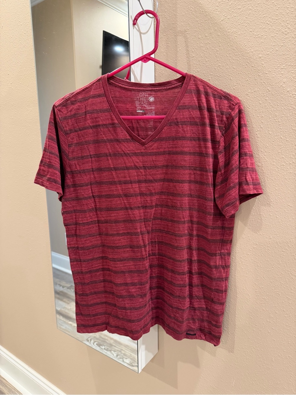 on the byas Men's Burgundy and Black Striped V-Neck Tee